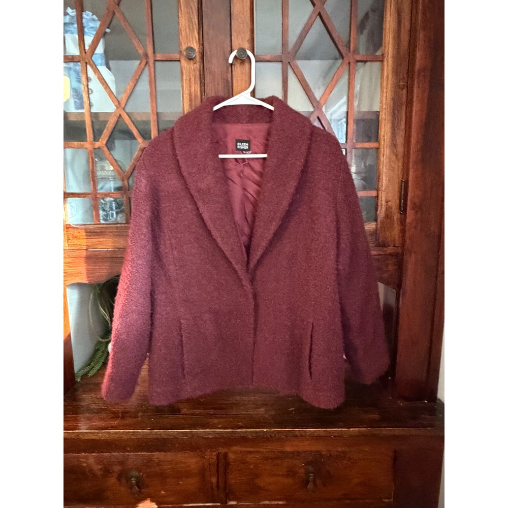 Eileen Fisher Womens Wool Blend Boucle Shawl Collar Jacket Burgundy Wine Plum